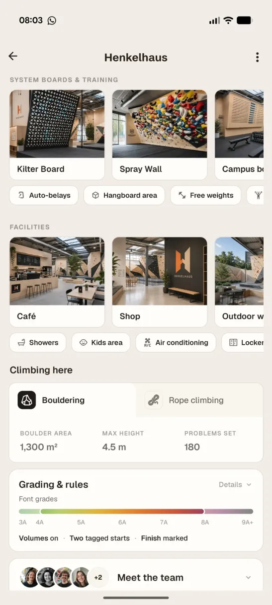 App screenshot: gym amenities (boards, walls, facilities)