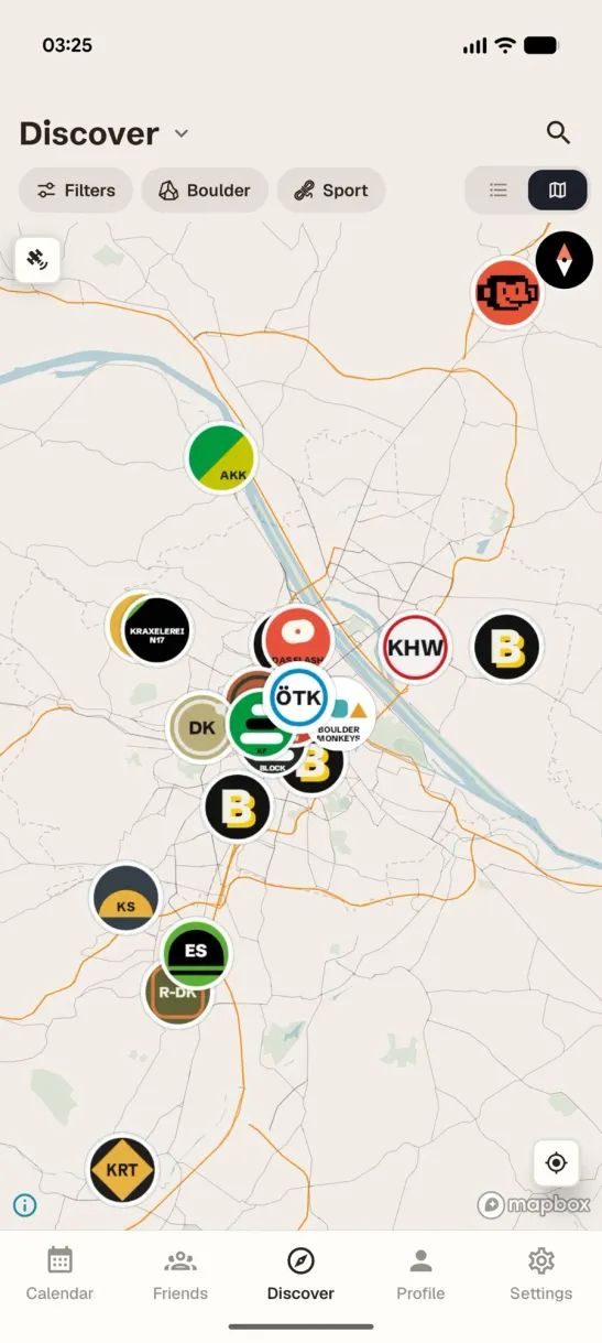 App screenshot: gym discovery (map with radius, gym browser)
