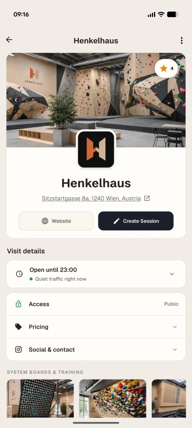 A claimed gym page in the app: cover photos, logo, name, hours