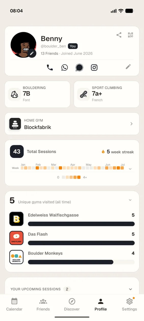A ClimbSync profile: grades, home gym, and a season of sessions