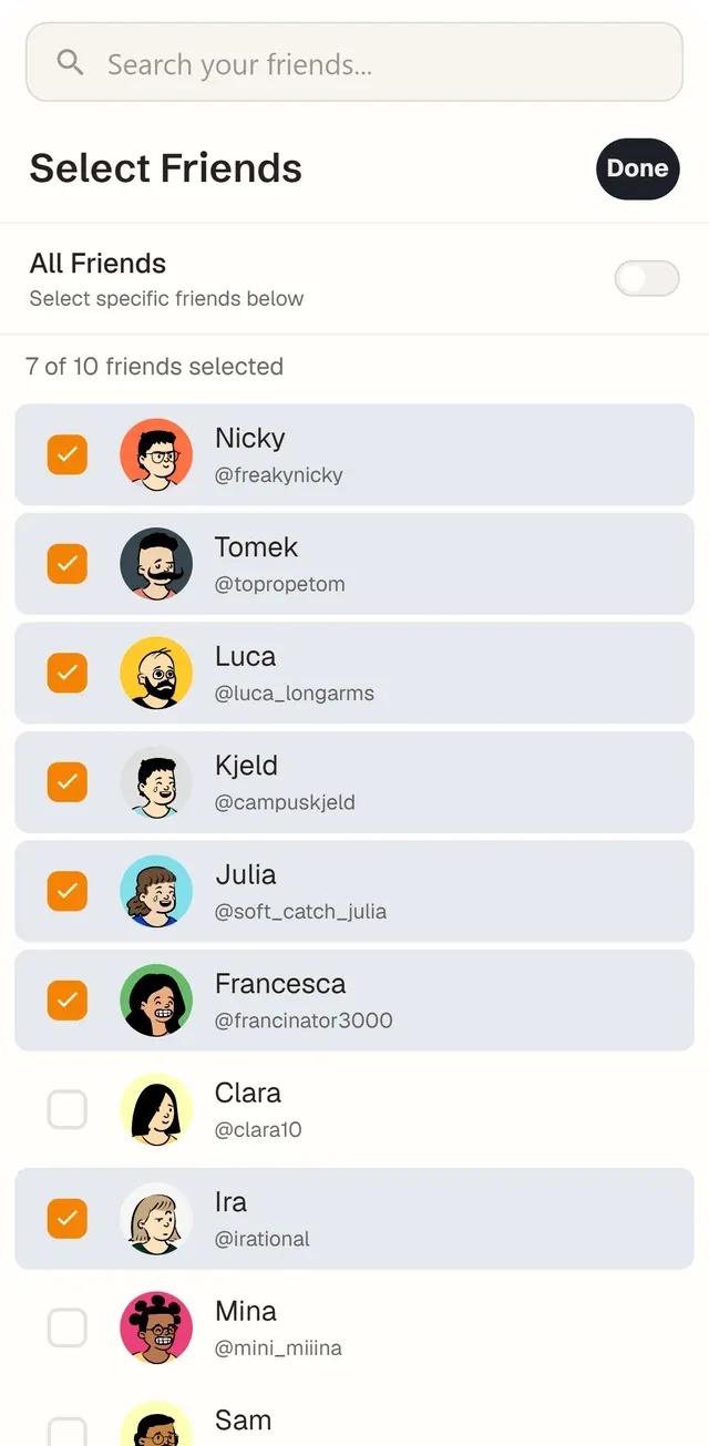 The select-friends sheet with individual friends checked