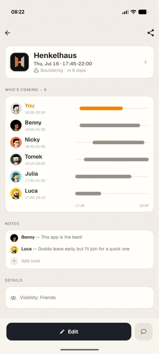 App screenshot: session detail (gym, time, who’s in)