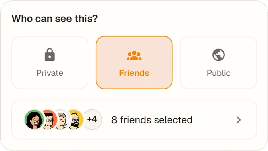The session visibility selector with Friends selected and eight friends picked