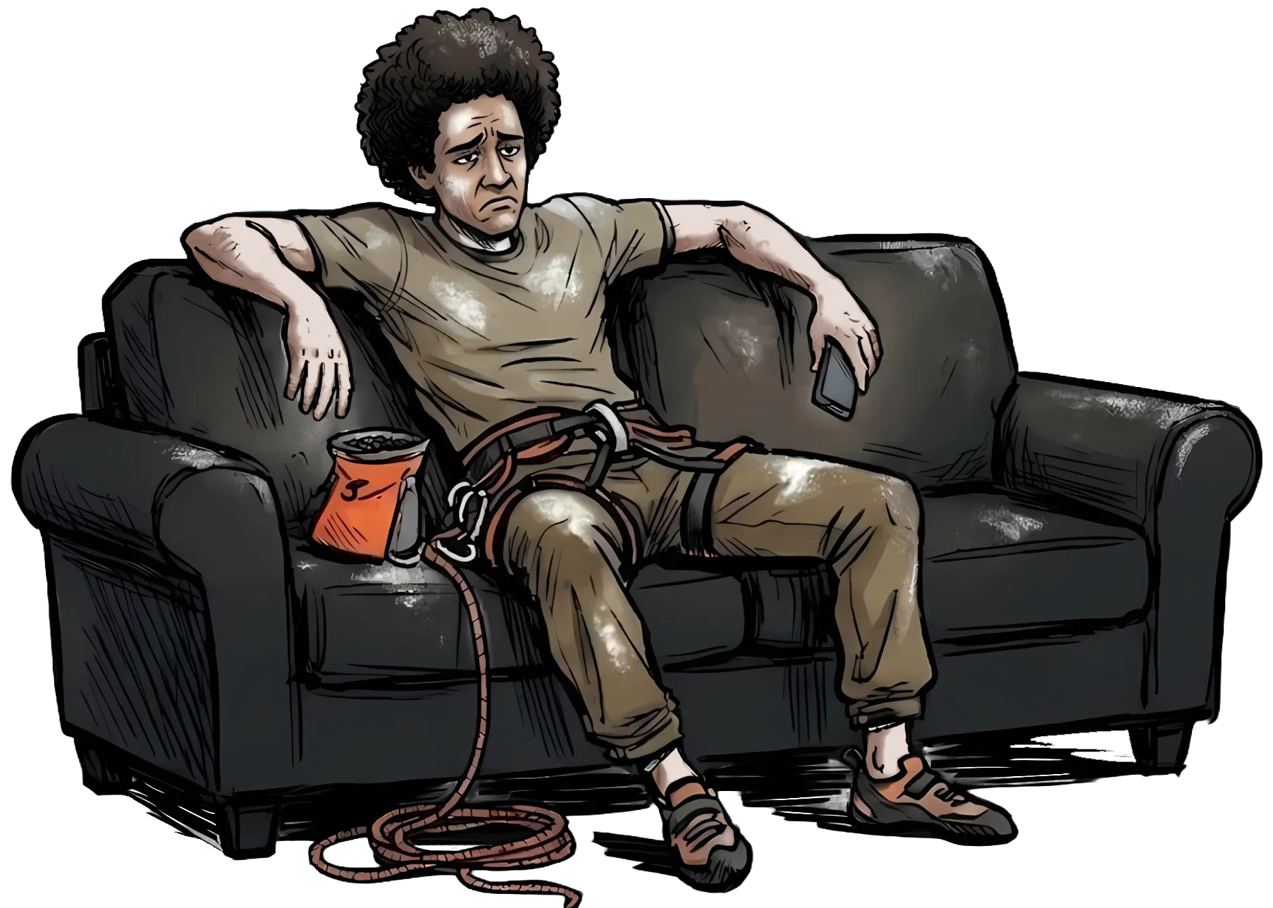 Frustrated climber on couch, fully geared up, surrounded by chat notifications