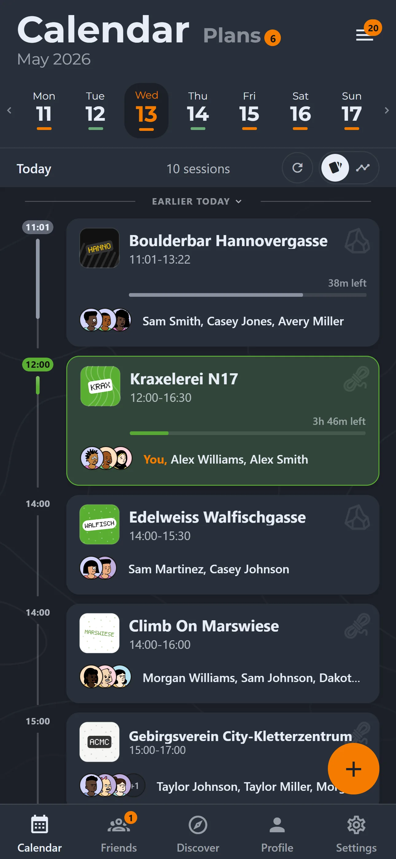 ClimbSync calendar showing this week's sessions