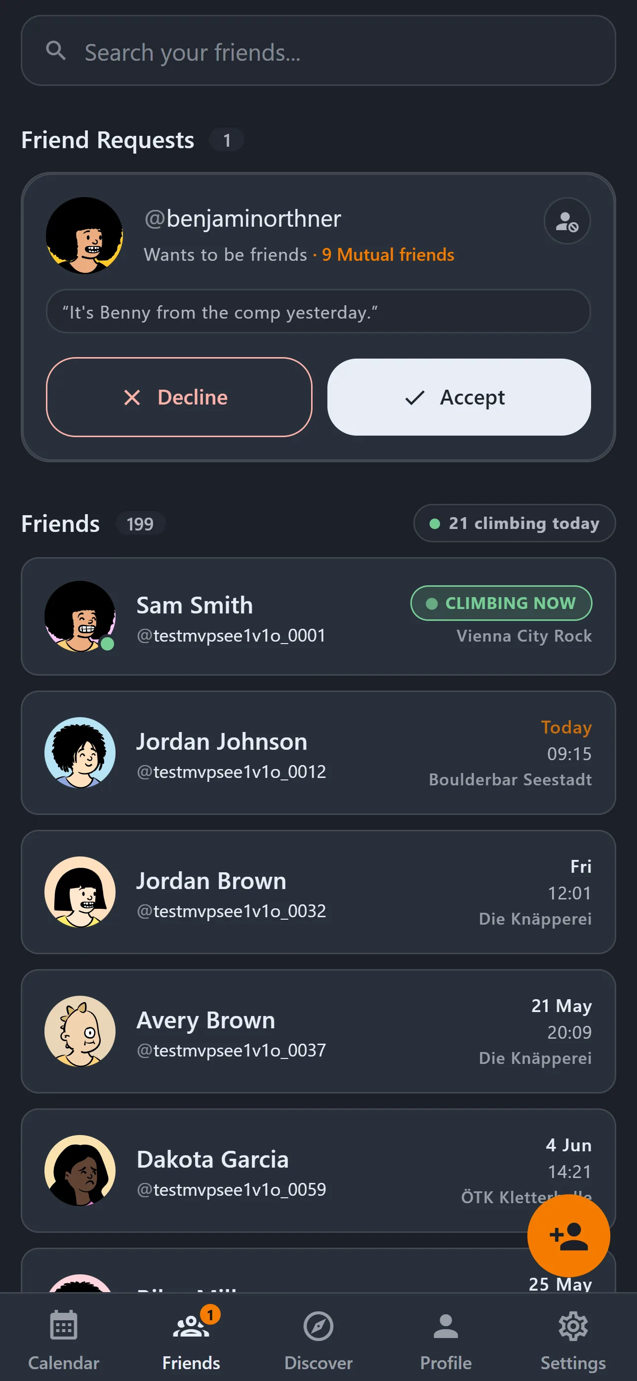 ClimbSync friends list with climbing partners